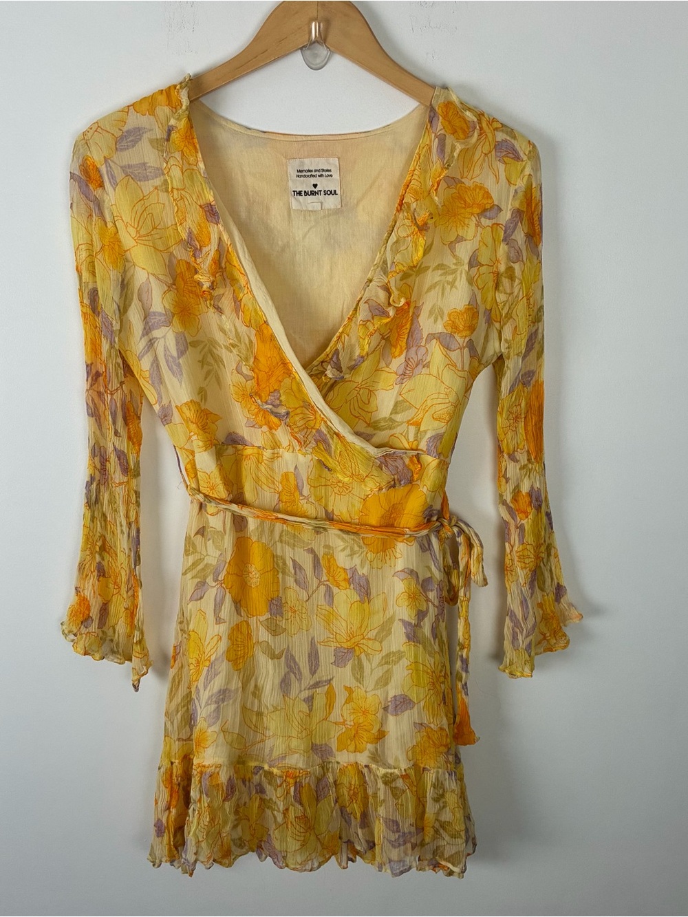 The Burnt Soul Bohemian Whimsical Fairy Marigold Floral Ruffle Mini Tie Dress M